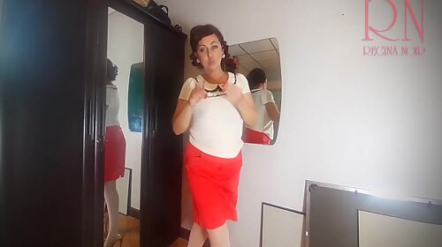 A Naked Lady Does Make-up In Front Of A Mirror, Puts On Underwear, Stockings, A Skirt. Nudist 3